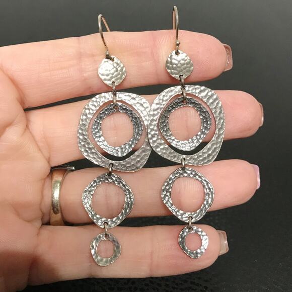 Signed M Sterling Silver 3in Long Dangle Drop Hammered Abstract Circle Earrings - Picture 7 of 14
